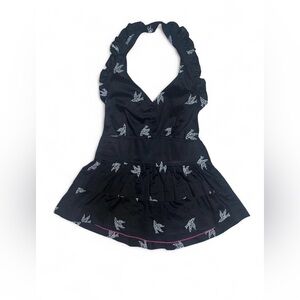 Anthropologie Black Halter Ruffle Top with Embroidered Birds size 6 with flaw